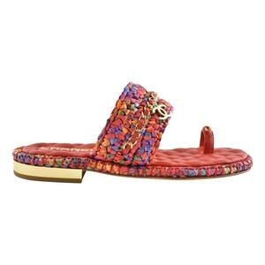 Chanel 20S Red Blue Purple Raffia Tweed CC Logo Mule Slide Strap Flat Sandal 36